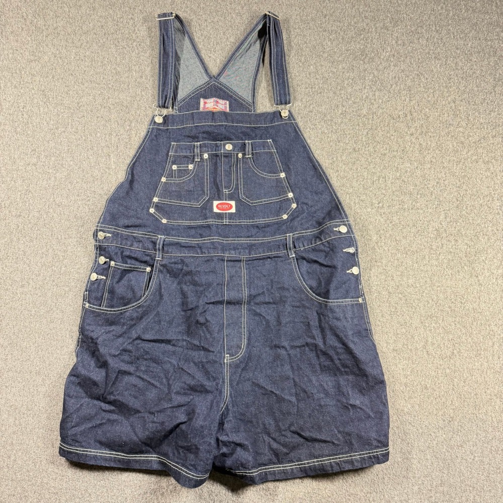 Vintage Revolt Womens Denim Shortall‎ Overalls Dark Wash Contrast Stitch Size 26